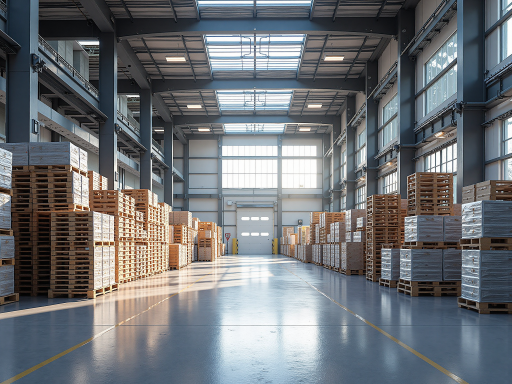 Modern logistics facility with cargo containers and professional staff in blue uniforms, industrial warehouse environment with bright lighting