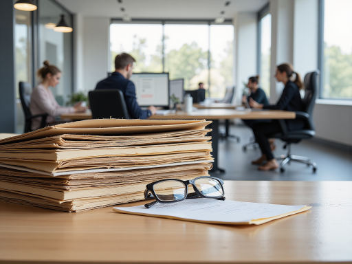 Professional logistics team members in office environment with computers and documents, modern workplace setting