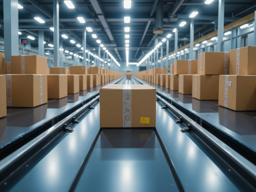 Modern logistics center with automated systems and digital displays, futuristic warehouse environment with advanced technology